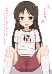  1girl blush brown_eyes brown_hair commentary_request feet_out_of_frame flat_chest gym_shirt gym_shorts highres idolmaster idolmaster_cinderella_girls kneehighs knees_up loli long_hair looking_at_viewer name_tag open_mouth red_shorts shirt short_sleeves shorts simple_background sitting socks solo straight-on tachibana_arisu takasuma_hiro translation_request white_background white_shirt white_socks 