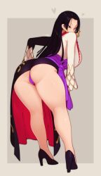  1girl ass bent_over black_hair boa_hancock dress earrings heels highres huge_ass jewelry justrube long_hair looking_at_viewer one_piece panties presenting shiny_skin simple_background solo thick_thighs thighs underwear  rating:Explicit score:40 user:Box_Cutter