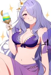  1girl bikini blush breasts camilla_(fire_emblem) camilla_(summer)_(fire_emblem) cleavage cup drink fire_emblem fire_emblem_fates fire_emblem_heroes flower gmais2514 hair_flower hair_ornament hair_over_one_eye highres holding holding_drink large_breasts long_hair looking_at_viewer navel nintendo official_alternate_costume purple_bikini purple_eyes purple_hair sarong simple_background smile solo swimsuit tropical_drink very_long_hair wavy_hair white_background 