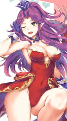 1girl angela_(seiken_densetsu_3) artist_request bare_legs bare_shoulders breasts cleavage collarbone covered_navel earrings female_focus gem gloves green_eyes hand_in_own_hair hat heart highres jewelry large_breasts leotard light_blush long_hair navel one_eye_closed open_mouth parted_bangs pointy_ears ponytail red_gemstone red_leotard seiken_densetsu seiken_densetsu_3 sidelocks smile solo square_enix strapless strapless_leotard swept_bangs teeth thighs tongue upper_teeth_only wavy_hair wrist_cuffs