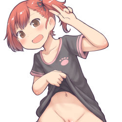 1girl :d aaaa_(quad-a) bad_id bad_pixiv_id black_shirt blouse blush bottomless brown_eyes cleft_of_venus clitoral_hood clitoris clothes_lift female_focus freckles hair_ornament hair_ribbon highres lifting_own_clothes loli navel no_panties open_mouth original out-of-frame_censoring pussy pussy_peek red_hair ribbon shirt shirt_lift short_hair short_sleeves short_twintails simple_background smile solo standing twintails v white_background rating:Explicit score:62 user:sytalidis