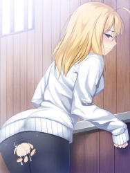 1girl aftersex ahoge alternate_costume artoria_pendragon_(all) artoria_pendragon_(fate) ass black_pantyhose blonde_hair blush breasts cum fate/stay_night fate_(series) from_behind green_eyes hair_down highres looking_at_viewer looking_back pantyhose saber_(fate) skylader sleeves_past_wrists solo sweater torn_clothes torn_pantyhose rating:Explicit score:50 user:danbooru
