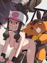  1girl 2boys all_fours bar_censor baseball_cap blue_eyes breasts brown_hair censored chain chain_leash chiwino clenched_teeth collar commission completely_nude constricted_pupils creatures_(company) cum cum_overflow doggystyle furry furry_male furry_with_non-furry game_freak gen_5_pokemon hat highres hilda_(pokemon) holding_another&#039;s_hair interspecies leash long_hair medium_breasts metal_collar multiple_boys nintendo nipples nude pig pignite pokemon pokemon_bw pokephilia ponytail rape sex sex_from_behind sidelocks skeb_commission steam_from_nose tearing_up teeth 