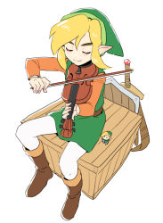  1boy blonde_hair boots bow_(music) brown_footwear closed_eyes dede_(qwea_00000) green_hat hat holding holding_instrument holding_violin instrument link male_focus music nintendo playing_instrument pointy_ears shield simple_background sitting sword the_legend_of_zelda the_legend_of_zelda:_link&#039;s_awakening violin weapon white_background wooden_box 