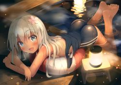 10s 1girl ass barefoot bath blush breast_press breasts clothes_pull dark-skinned_female dark_skin feet feet_up flower grey_eyes hair_flower hair_ornament higejii highres kantai_collection lantern lifebuoy long_hair looking_at_viewer lying night on_stomach one-piece_swimsuit one-piece_swimsuit_pull open_mouth outdoors partially_submerged ro-500_(kancolle) school_swimsuit silver_hair small_breasts smile soles solo swim_ring swimsuit toes topless rating:Sensitive score:49 user:danbooru