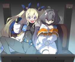  2girls :d bandaid bandaid_on_cheek bandaid_on_face black_bodysuit black_hair blonde_hair blue_eyes blush bodysuit breasts coat collared_shirt couch fang food fur_trim goddess_of_victory:_nikke green_eyes grin hair_intakes hair_ornament hand_on_shoulder headgear jacket kamaboko laplace_(nikke) long_hair looking_to_the_side multicolored_jacket multiple_girls narutomaki off-shoulder_shirt off_shoulder open_mouth orange_jacket shirt shorts sitting small_breasts smile syope thigh_strap trony_(nikke) twintails two-tone_jacket white_coat white_jacket white_shirt white_shorts 