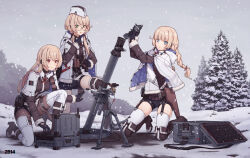 2b14_(girls&#039;_frontline) 2b14_podnos 3girls ammunition binoculars black_gloves black_shorts blonde_hair blue_capelet blue_eyes bodysuit boots braid brown_bodysuit brown_footwear brown_jacket brown_sleeves brown_sweater buckle capelet character_name closed_mouth detached_sleeves emblem full_body fur-trimmed_boots fur-trimmed_capelet fur_trim garrison_cap garter_straps girls&#039;_frontline glasses gloves green_eyes gun hair_over_shoulder handgun hat high_heel_boots high_heels highres holding holding_binoculars holster holstered hood hooded_capelet jacket knee_boots long_hair long_sleeves low_twintails mortar_(weapon) mortar_shell multiple_girls official_art open_mouth outdoors pine_tree red_eyes reloading ribbed_sweater round_eyewear shorts single_braid skindentation snap-fit_buckle snow snowing suitcase sweater terminal terras thigh_boots thigh_strap thighhighs thighhighs_under_boots tree twin_braids twintails two-sided_capelet weapon weapon_case white_capelet white_headwear white_thighhighs winter_clothes
