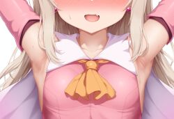  1girl ai-generated armpit_focus armpits collarbone earrings face_out_of_frame fate/grand_order fate/kaleid_liner_prisma_illya fate_(series) highres illyasviel_von_einzbern jewelry long_hair out_of_frame sweat white_hair 