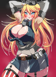 10s 1girl armpits belt blonde_hair blush breasts cleavage elbow_gloves eyebrows front-tie_top garter_straps gigantic_breasts gloves hair_between_eyes headgear iowa_(kancolle) kantai_collection long_hair looking_at_viewer md5_mismatch nipples open_mouth saga_taichi skirt solo striped_clothes striped_skirt striped_thighhighs sweat thighhighs thighs vertical-striped_clothes vertical-striped_skirt vertical-striped_thighhighs rating:Questionable score:7 user:danbooru