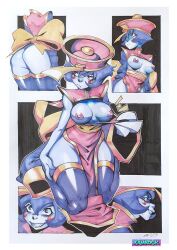  1girl ass blue_skin blush breasts breasts_out colored_skin hat jiangshi large_breasts lei_lei marker_(medium) nipples no_panties ofuda solo thighhighs traditional_media vampire_(game) xamrock 