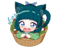 1girl animal_ear_fluff animal_ears blue_eyes blue_hair blue_ribbon blush cat_ears cat_girl cat_tail chibi commentary copyright_request english_commentary freckles full_body green_kimono hair_ribbon hitsukuya in_basket japanese_clothes kimono kusuriya_no_hitorigoto long_sleeves looking_at_viewer maomao_(kusuriya_no_hitorigoto) mushroom open_mouth ribbon romaji_commentary romaji_text simple_background solo tail wavy_mouth white_background