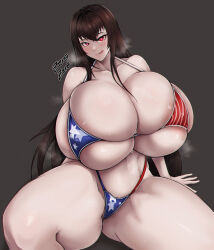  1girl american_flag_bikini areola_slip artist_name bikini black_hair blush breasts cleavage collarbone covered_erect_nipples deep_skin flag_print gigantic_breasts groin heart heart-shaped_pupils highres large_areolae last_origin licking_lips long_hair looking_at_viewer micro_bikini navel red_eyes royal_arsenal sidelocks signature simple_background skindentation spread_legs steaming_body sweat swimsuit symbol-shaped_pupils thick_thighs thighs tongue tongue_out very_long_hair wide_hips zer0.zer0 