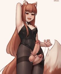  1futa animal_ear_fluff animal_ears arm_behind_head armpits artist_name black_bow black_bowtie black_leotard black_pantyhose blush bow bowtie breasts brown_hair commentary cowboy_shot detached_collar disembodied_penis english_commentary erection futanari highres holo leotard long_hair looking_down open_mouth pantyhose penis precum red_eyes seraziel simple_background small_breasts smile spice_and_wolf standing strapless strapless_leotard tail teeth testicles thigh_sex thighband_pantyhose white_background wolf_ears wolf_girl wolf_tail  rating:Explicit score:40 user:danbooru