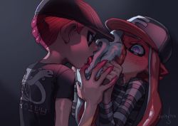 1boy 1girl banonefans baseball_cap blush cephalopod_eyes commentary couple fangs full-face_blush hat inkling inkling_girl inkling_player_character licking long_hair long_sleeves mohawk nintendo octoling octoling_boy octoling_player_character pointy_ears red_hair sexually_suggestive shirt short_hair splatoon_(series) splatoon_2 splatoon_2:_octo_expansion squidbeak_splatoon suction_cups t-shirt tentacle_hair uncommon_stimulation rating:Sensitive score:25 user:danbooru