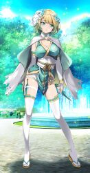  1girl bench blonde_hair bloom blue_eyes breasts bush cape cleavage earrings elbow_gloves fire_emblem fire_emblem_heroes fjorm_(fire_emblem) fjorm_(ninja)_(fire_emblem) fountain gloves gradient_hair highres holding holding_weapon jewelry kunai looking_to_the_side mask mask_on_head medium_breasts multicolored_hair ninja nintendo official_alternate_costume outdoors park park_bench road sandals short_hair short_shorts shorts shuriken solo sunlight thighhighs tree tsukishiro_saika weapon white_gloves white_mask white_shorts white_thighhighs zouri 