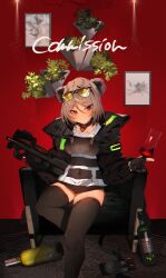 1girl alcohol black_choker black_gloves black_jacket black_thighhighs blush bottle bullpup chair choker commission cup double_bun eyewear_on_head girls&#039;_frontline gloves gun hair_bun highres holding holding_cup indoors jacket light_brown_hair looking_at_viewer open_clothes open_jacket p90 p90_(girls&#039;_frontline) partially_fingerless_gloves personal_defense_weapon picture_frame red_eyes sitting skeb_commission solo soukou_makura submachine_gun sunglasses thick_thighs thighhighs thighs tinted_eyewear weapon yellow-tinted_eyewear