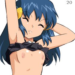 1girl ^_^ arm_behind_head armpits arms_up bare_shoulders blue_hair blush breasts closed_eyes closed_mouth clothes_lift creatures_(company) dawn_(pokemon) female_focus game_freak gomatarou_(pixiv196136) hair_ornament hairclip jaggy_lines light_blush loli long_hair lowres nintendo nipples no_bra pokemon pokemon_dppt shiny_skin shirt shirt_lift sidelocks simple_background sleeveless sleeveless_shirt small_breasts solo split_mouth stretching upper_body white_background rating:Questionable score:124 user:Perv-Ultra