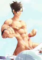  10s 1boy abs absurdres ball black_hair completely_nude erection fudianshi haikyuu!! highres kuroo_tetsurou male_focus male_pubic_hair muscular muscular_male net nude penis playing_sports pubic_hair purple_eyes solo sweat volleyball volleyball_(object) volleyball_net wristband  rating:Explicit score:9 user:Zoahc