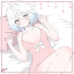  1girl absurdres bed blue_hair border breasts closed_mouth cross diamond_(shape) dodosako drop-shaped_pupils feet_out_of_frame furina_(genshin_impact) genshin_impact heart highres inset_border light_blue_hair looking_at_viewer lying mismatched_pupils on_back on_bed pillow pink_border ribbon short_hair simple_background sleepwear small_breasts smile solo symbol-shaped_pupils white_hair white_ribbon 