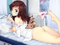 1girl ass atomix bare_shoulders barefoot bed between_toes blue_eyes blush bottomless breasts brown_hair buneary creatures_(company) dress_shirt unworn_eyewear feet game_freak gen_4_pokemon glasses highres holding holding_removed_eyewear hospital_bed infirmary long_hair looking_at_viewer lying medium_breasts naked_shirt nintendo nipples notes off_shoulder on_bed on_stomach open_clothes open_mouth open_shirt original panties unworn_panties paper partially_undressed pillow pink_panties poke_ball pokedex pokemon pokemon_(creature) riolu semi-rimless_eyewear shelf shirt solo toes underwear watermark web_address white_shirt rating:Questionable score:376 user:2nnt