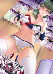  1girl amasora_taichi aqua_eyes breasts clothes_pull crop_top from_below green_hair hair_between_eyes highres kneeling large_breasts light_smile lips long_hair looking_at_viewer midriff mole mole_under_eye navel original solo tamiya_incorporated thighhighs thighs underboob white_thighhighs  rating:Questionable score:36 user:danbooru
