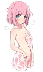  1girl :o aged_up aqua_eyes blunt_bangs blush bocchi_the_rock! collarbone female_focus flat_chest gotoh_futari highres loli looking_at_viewer mel_(melty_pot) nude pink_hair short_hair simple_background solo standing towel two_side_up wet white_background  rating:Questionable score:199 user:danbooru