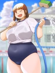  1girl blue_sky blurry blurry_background breasts broom brown_eyes brown_hair character_request cloud cloudy_sky commentary_request copyright_request covered_navel cowboy_shot day fat_mons highres hose katou_(katohayabusa) large_breasts looking_at_viewer medium_hair one_eye_closed open_mouth outdoors plump shirt short_hair short_sleeves sky smile solo sparkle thick_thighs thighs water white_shirt  rating:Sensitive score:28 user:danbooru