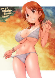  1girl bikini bikini_pull breasts brown_eyes brown_hair clothes_pull commentary_request cowboy_shot grin hair_over_shoulder highres idolmaster idolmaster_cinderella_girls katagiri_sanae large_breasts looking_at_viewer low_twintails marder_drei medium_hair smile solo standing striped_bikini striped_clothes swimsuit twintails white_bikini zanshomimai 