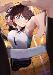 1girl 1other black_shorts blue_eyes blush brown_hair clenched_teeth highres jumping legs_up looking_at_viewer original pov pov_hands shirt short_hair shorts sleeveless sleeveless_shirt solo_focus sportswear teeth vegetablenabe volleyball_net volleyball_uniform white_shirt rating:Sensitive score:9 user:danbooru