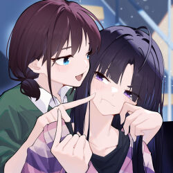  2girls ahoge awa_subaru black_hair black_shirt blue_eyes blue_sweater blush brown_hair cheek_poking cheek_pull chinese_commentary closed_mouth collared_shirt commentary_request girls_band_cry iseri_nina long_hair low_twintails multiple_girls open_mouth parted_bangs pinky_out poking pout purple_eyes shirt short_hair short_twintails sidelocks sweater twintails upper_body white_shirt yun_cao_bing yuri 