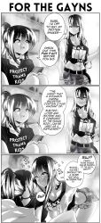  2girls 3koma :d abs band_shirt belt black_flag_(band) breasts cellphone choker cleavage collarbone comic commentary crop_top denim denim_shorts english_text greyscale grs- highres large_breasts leaning_forward long_hair merchandise monochrome multiple_girls open_mouth original pants phone ponytail pun shirt shorts sleeveless smartphone smile t-shirt tank_top teeth toned upper_teeth_only yuri  rating:Sensitive score:58 user:danbooru