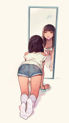 1girl absurdres all_fours areola_slip ass breasts brown_eyes brown_hair clothing_cutout condom condom_in_mouth denim denim_shorts downblouse female_focus flat_ass from_behind full-length_mirror full_body highres kaya_(tiny_evil) kneepits light_smile loli long_hair looking_at_mirror looking_at_viewer mirror mouth_hold muk_(monsieur) original paid_reward_available pocket reflection shirt short_shorts shorts shoulder_cutout signature simple_background small_breasts socks solo t-shirt tiny_evil tongue tongue_out rating:Questionable score:308 user:danbooru