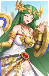  1girl :d ^_^ ancient_greek_clothes armlet bare_shoulders blurry blurry_background breasts chiton cleavage closed_eyes collarbone commentary_request gonzarez green_hair hand_up highres kid_icarus large_breasts long_hair looking_at_viewer nintendo open_mouth outdoors palutena shield smile solo thighhighs very_long_hair white_thighhighs  rating:Sensitive score:18 user:danbooru