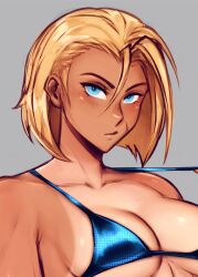  1girl abs absurdres bikini blonde_hair blue_bikini blue_eyes breasts cammy_white close-up commentary dark-skinned_female dark_skin english_commentary grey_background highleg highres iahfy looking_at_viewer medium_breasts navel scar scar_on_face short_hair simple_background solo street_fighter swimsuit tan 