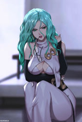  1girl arm_sleeves arm_under_breasts bare_shoulders breasts cleavage cleavage_cutout clothing_cutout dress glasses_in_mouth green_eyes green_hair highres large_breasts long_hair one-punch_man psykos red_lips sitting solo wavy_hair zeronis  rating:Questionable score:68 user:Egeslean
