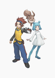 1boy 1girl absurdres bad_id bad_pixiv_id black_footwear black_shirt blue_hair blue_pants blue_pantyhose blush brother_and_sister brown_hair closed_mouth commentary creatures_(company) double_bun dress eevee fanny_pack game_freak gen_1_pokemon gloves goggles goggles_around_neck green_eyes hair_bun hairband highres holding holding_poke_ball jovi_(pokemon) kazuko_(towa) long_sleeves michael_(pokemon) nintendo pants pantyhose parted_lips poke_ball pokemon pokemon_(creature) pokemon_xd shirt shoes short_hair siblings single_glove smile spiked_hair standing vest white_dress yellow_vest