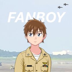  1boy aircraft airplane badge blue_eyes brown_hair buttons character_name collarbone crossover delicious_party_precure english_text f/a-18e_super_hornet fighter_jet highres jet kamihoshi male_focus mickey_&quot;fanboy&quot;_garcia military military_rank_insignia military_uniform military_vehicle precure scenery shinada_takumi short_hair top_gun top_gun:_maverick uchida_yuuma uniform united_states_navy upper_body voice_actor_connection 