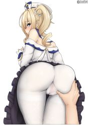 1boy 1girl ass ass_grab barbara_(genshin_impact) bare_shoulders blonde_hair blue_eyes blush cleft_of_venus closed_mouth dress frilled_dress frills from_behind genshin_impact hair_between_eyes hetero highres huge_ass joosi leaning_forward long_sleeves looking_at_viewer looking_back no_panties nun off-shoulder_dress off_shoulder pantyhose pov priestess pussy cameltoe simple_background solo_focus spread_pussy spread_pussy_under_clothes thigh_gap twintails twitter_username upskirt white_background white_dress white_headwear white_pantyhose rating:Explicit score:464 user:danbooru