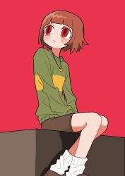 1other androgynous blunt_bangs blush_stickers brown_hair brown_shorts chara_(undertale) child expressionless feet_out_of_frame green_sweater heart_pendant highres long_sleeves looking_afar no_nose other_focus pink_background red_eyes sanpaku short_hair shorts sitting socks solo sweater tadeno undertale white_socks 