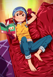  1girl barefoot book brown_eyes brown_hair capri_pants couch denim digimon digimon_adventure feet full_body gloves hat highres idfer jeans looking_at_viewer lying on_back pants pants_rolled_up red_upholstery soles solo takenouchi_sora toes  rating:Sensitive score:63 user:danbooru
