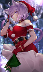 1girl absurdres ahoge animal_ear_fluff animal_ears bag bare_shoulders bell belt black_belt blurry blurry_background blush breasts cat_ears cat_girl cat_tail choker christmas closed_mouth commentary_request dress gloves hair_between_eyes hand_up hat highres holding holding_bag hololive looking_away medium_breasts neck_bell nekomata_okayu pom_pom_(clothes) purple_eyes purple_hair red_choker red_dress red_gloves santa_costume santa_hat short_hair short_sleeves solo standing tail tail_raised virtual_youtuber yuya_(yuya_illust) rating:Sensitive score:16 user:danbooru
