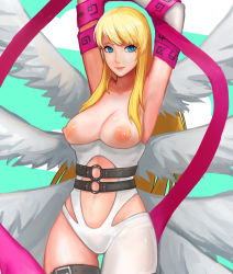 1girl angewomon armpits bare_shoulders blonde_hair blue_eyes breasts cowboy_shot digimon digimon_(creature) female_focus leotard long_hair looking_at_viewer mole mole_under_eye multiple_wings nipples shiny_skin smile solo swept_bangs thigh_strap topless very_long_hair wings rating:Questionable score:54 user:fakyuh