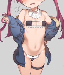 1girl atte_nanakusa belly blush breasts harumi_shinju head_out_of_frame lingerie loli micro_bra micro_panties panties red_hair small_breasts solo thigh_strap thighs tokyo_7th_sisters twintails underwear rating:Questionable score:476 user:Slayar