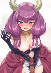 1boy 1girl absurdres after_ejaculation aura_(sousou_no_frieren) black_corset black_gloves blue_eyes blush braid breasts breasts_out caee_penguin censored clothing_cutout collarbone commentary_request corset cum cum_on_body cum_on_breasts cum_on_hands cum_on_upper_body demon_girl demon_horns elbow_gloves gloved_handjob gloves gold_necklace handjob heart heart-shaped_pupils hetero highres horns jewelry long_hair looking_at_viewer low-braided_long_hair low-tied_long_hair medium_breasts miniskirt mosaic_censoring multiple_braids navel_cutout necklace nipples open_mouth penis pink_hair pleated_skirt pov simple_background skirt smile solo_focus sousou_no_frieren symbol-shaped_pupils teeth thighs twin_braids white_skirt  rating:Explicit score:72 user:PuttHutt