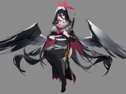  1girl absurdres ass black_hair black_serafuku black_skirt black_thighhighs black_wings blue_archive breasts cake cake_slice closed_mouth elinnasky feathered_wings food fork gun hair_between_eyes halo hasumi_(blue_archive) highres holding holding_fork holding_plate large_breasts long_hair neckerchief plate pleated_skirt red_eyes red_halo red_neckerchief sailor_collar school_uniform serafuku skirt smile solo thighhighs very_long_hair weapon white_sailor_collar wings  rating:Sensitive score:9 user:danbooru