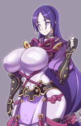  1girl black_gloves bodysuit breasts covered_navel cowboy_shot curvy fate/grand_order fate_(series) fingerless_gloves gloves kimyouna_juju large_breasts loincloth long_hair looking_at_viewer low-tied_long_hair minamoto_no_raikou_(fate) parted_bangs purple_bodysuit purple_eyes purple_hair ribbed_sleeves rope smile solo tabard very_long_hair 