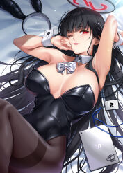  1girl animal_ears armpits black_hair black_leotard blue_archive blunt_bangs bow bowtie breasts breasts_apart bright_pupils brown_pantyhose commentary covered_navel detached_collar fake_animal_ears highleg highleg_leotard id_card large_breasts leotard long_hair looking_at_viewer loose_bowtie lying okitakung on_back one_eye_closed pantyhose parted_lips playboy_bunny rabbit_ears red_eyes rio_(blue_archive) smile solo strapless strapless_leotard symbol-only_commentary tablet_pc thighband_pantyhose white_bow white_bowtie white_wrist_cuffs wrist_cuffs 