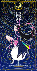  1girl animal_ears armband asymmetrical_footwear black_background black_eyes black_hair blue_dress blue_jacket boots border closed_mouth colored_tips commentary_request crescent_moon cropped_jacket dress fake_animal_ears full_body gloves hair_floating_upwards headset high_collar highres hinoyama_ena holding_own_leg jacket knee_boots knee_up layered_dress long_hair long_sleeves looking_up mismatched_footwear moon multicolored_hair nijisanji outline pink_dress pink_gloves pink_hair platform_footwear platform_heels profile rabbit_ears satellite shoulder_boards single_knee_boot single_thigh_boot sitting sitting_on_object sleeve_cuffs solo song_name star_trail thigh_boots thigh_strap translation_request tsukino_mito very_long_hair virtual_youtuber white_outline yellow_border 