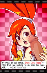  1boy 1girl black_eyes blush ghost_trick highres large_penis lynne_(ghost_trick) mrbudguy orange_hair penis penis_on_face red_hair text_focus uncensored  rating:Explicit score:23 user:IAIBO