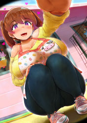  1girl apron ass bare_shoulders blush breasts breasts_on_lap brown_hair cleavage cow curvy denim dot_nose eyelashes female_focus fisheye food_print hair_between_eyes happy head_pat headpat heart heart-shaped_pupils highres huge_breasts ikinari_mojio indoors jeans kindergarten_teacher large_breasts lips looking_at_viewer open_mouth pants patting pov purple_eyes rabbit shiny_clothes shiny_skin shirt shoes short_hair smile sneakers solo squatting steam symbol-shaped_pupils taut_clothes taut_shirt thick_thighs thighs twintails wide_hips  rating:Questionable score:139 user:cheezeit